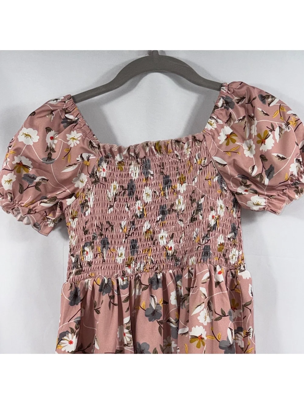 Girls XL Pink Floral Smocked Puff Sleeve Midi Dress Cottagecore